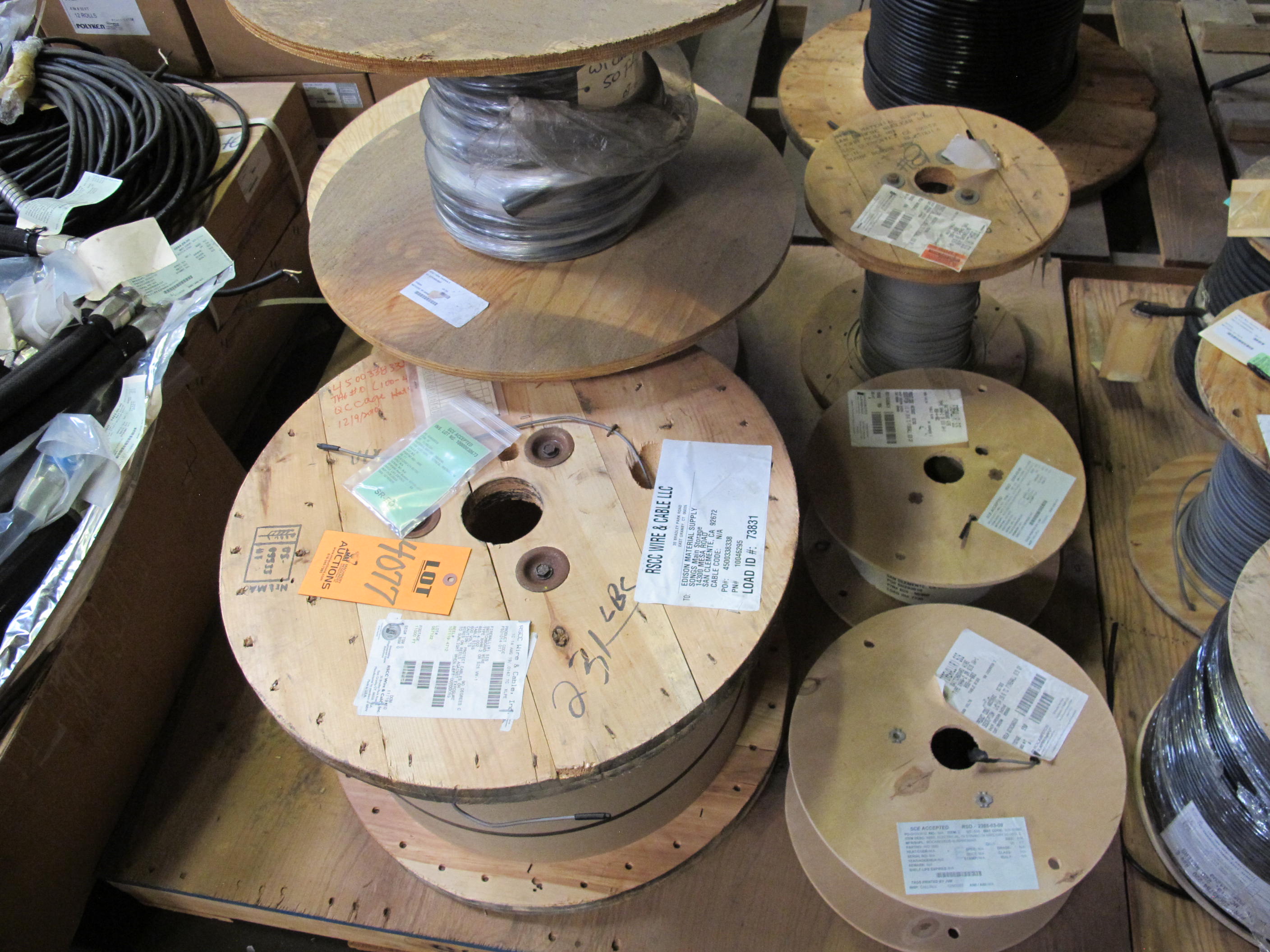 (5 PALLETS) MISC. ELECTRICAL WIRE, AND CABLE! (20+) INDIVIDUAL SPOOLS TO INCLUDE BUT NOT LIMITED TO: (1 SPOOL) CABLE, ELECTRICAL TYPE, 16 AWG SIZE, 600V RATING, COPPER MATERIAL, 3 CONDUCTOR, INSTRUMENTATION KIND. SHIELDED, CROSS-LINKED POLYETHYLENE INSULATED, RED, HYPALON (CSPE) JACKET, FIREWALL III, CABLE CODE J36, (6 SPOOLS) WIRE, ELECTRICAL TYPE, 14 AWG SIZE, 600V 90DEG C OPE RATING, RED COLOR, TEMP RATING, TINNED COPPER MATERIAL, SWITCHBOARD, SIS KIND. INSULATED, WITH HEAT, MOISTURE AND FLAME RESISTANT CROSS LINKED SYNTHETIC POLYMER CONSTRUCTION, ETC.. LOADING & HANDLING FEE $30-4077